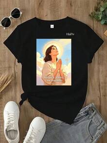 Oferta por tiempo limitado, cantidad limitada disponible,  relámpago, camisas de mujer, camisetas de mujer Playera Blanca de Mujer con Estampado de Oración y Versículo Bíblico, Camiseta Manga Corta, Moda Cristiana , Ropa Comoda para Dama, Ideal para Uso Diario y Congregación - Negro - Ver 3