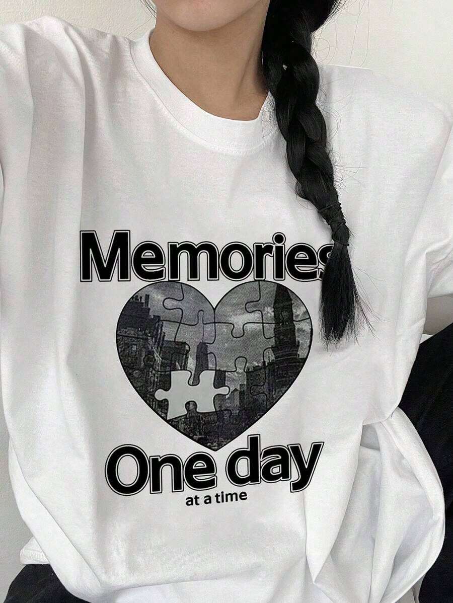 Women's Puzzle & Letter Print Drop Shoulder T-Shirt Cute Tops Oversized T-Shirt-Vintage Street Style Unisex Loose Cotton Short Sleeve Crew Neck T-Shirtblusas para mujer. blusas.blusas casuales para dama. - Blanco - Ver 1