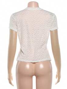 Camiseta de manga corta con estampado exclusivo combinación de encaje transparente estilo sensual - Blanco - Ver 8