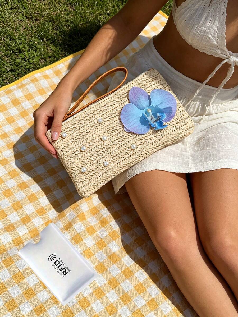 Túi cầm tay rơm phong cách Bohemian màu xanh hoa lan & ngọc trai, ví đeo cổ tay dệt sợi raffia với ngọc trai giả, túi rơm kéo khóa đi biển mùa hè, hoàn hảo để đựng điện thoại, chìa khóa, mỹ phẩm & các vật dụng nhỏ thiết yếu, lý tưởng cho phụ nữ, con gái, những người yêu biển & khách du lịch, phù hợp cho các chuyến đi biển, tiệc bể bơi, kỳ nghỉ & dạo phố thường ngày, tuyệt vời làm quà tặng kỳ nghỉ hè, sinh nhật & phù dâu, đa năng như ví cầm tay, túi đeo cổ tay, túi đi biển & túi đựng đồ du lịch - Nhiều màu - Xem 1