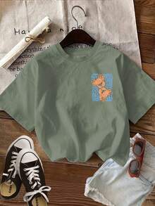 Camiseta de edición limitada con estampado gráfico, manga corta, cuello redondo, top casual para verano y primavera, ropa de mujer, algodón ligero. - Verde - Ver 4