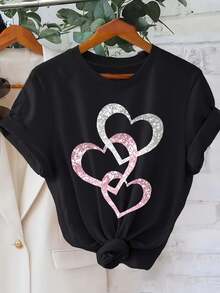 Silvery Pink Heart-Shaped Pattern Print This Product Is Designed As A Printed Pattern, Rhinestones/Sequins Are Only Used For Visual Effect T-Shirt Short-Sleeved Round Neck Casual Tops Summer Spring Women's Clothing - Black - View 1