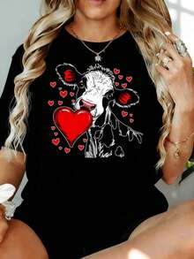 Camiseta Casual para Mujer con Estampado de Corazón de Vaca, Temática de Amor para el Día de San Valentín, Blanca, Talla Grande, Corte Holgado, 180g, para Ocio en Casa, Aire Libre, Regalo para Fiesta de San Valentín - Negro - Ver 7