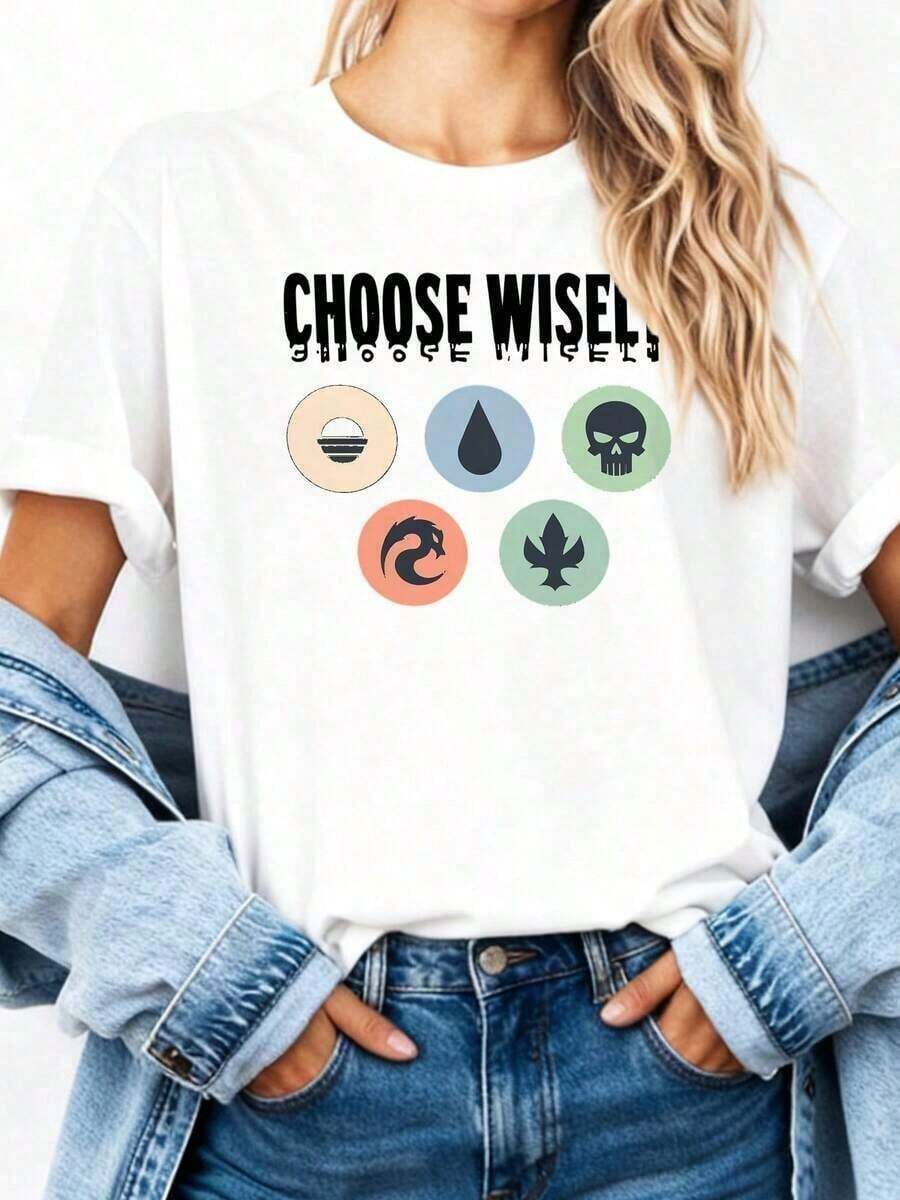 Women'S Fantasy Elemental Theme Short-Sleeve Tee With Sun, Water, Skull, Fire, Tree Icons & Choose Wisely Slogan Fun Design Comfortable And Soft Casual Daily Wear Top Ideal As A Giwoman Todo Tipo De Impresiones, Chaqueta, Camiseta De Cuello Redondo, Casual, Para Oficina, Para Viajar, Muy Popular, Viento Deportivo, Estampado/PatróN, Camiseta De AlgodóN 100%, Camiseta Casual, CóModa, Suave, Transpirable The Latest Popular Bestseller - Blanco - Ver 1