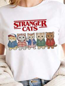 1 Piece Weird Cats T-Shirt, Funny Cat T-Shirt, 80s Retro Cat Parody, Cute Cat Graphic T-Shirt, Gift For Cat Lovers, Hoodie, 180g 100% Cotton - 白色 - 查看 1