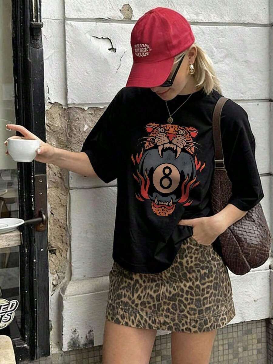 Women's Short-Sleeved T-Shirt With Round Neck And Leopard Print, American Retro Casual Style, Suitable For Daily Wear, Black, Urban Vintage Style, Unisex, Loose Fit, Cotton. - 黑色 - 查看 1