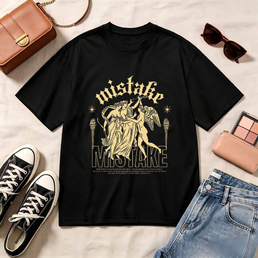 Retro Mistake Graphic Tee, 100% Cotton Oversized Soft Breathable Casual Crewneck Short Sleeve Top, Vintage Streetwear Summer Vibes Aesthetic Edgy Fashion For Trendsetters - Negro - Ver 1