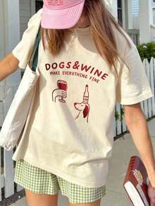 Women's T-Shirt With A Fun "Dogs And Wine" Print, Loose Fit, Round Neck, Short Sleeves, Casual Everyday Style, Urban Vintage Style, Unisex, Cotton Blouses For Women. Casual Blouses For Ladies. - 杏色 - 查看 3