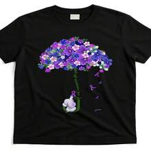 Decoraciones exclusivas para el Día de la Independencia y el Día del Padre para conmemorarte. Camiseta Purple Elephant Alzheimer's Charity IRF6781860, negra, unisex, verano 2025, manga corta, estampada, algodón puro, 220 g. - Negro - Ver 1