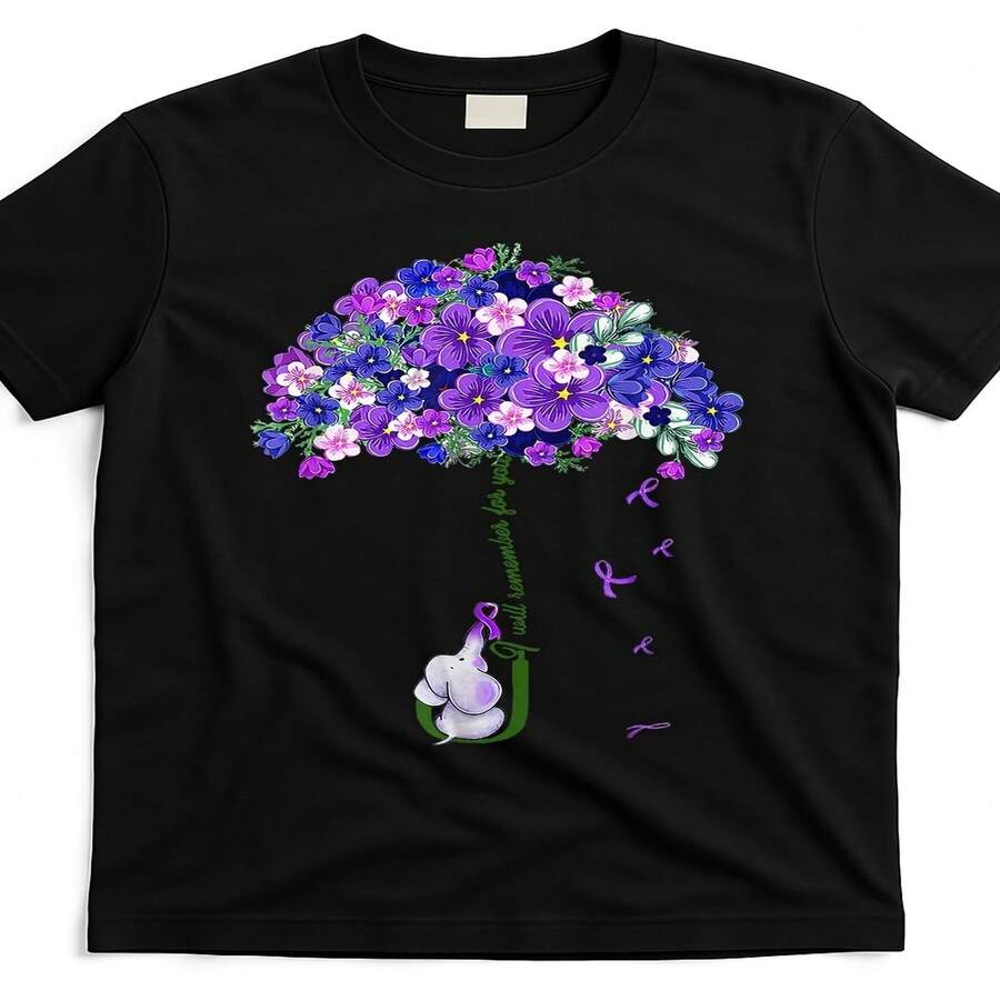 Decoraciones exclusivas para el Día de la Independencia y el Día del Padre para conmemorarte. Camiseta Purple Elephant Alzheimer's Charity IRF6781860, negra, unisex, verano 2025, manga corta, estampada, algodón puro, 220 g. - Negro - Ver 1