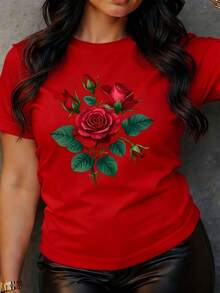 Camiseta Floral de Rosas Rojas y Hojas Verdes para Mujer - Blusa de Manga Corta Suave y Elástica, Adecuada para Uso Diario, Conjuntos para Exteriores, Top Casual de Cuello Redondo, Camiseta Básica Elegante Lavable a Máquina - (Disponibles en Varias Tallas) - Rojo - Ver 6