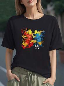 Dos figuras abstractas en colores rojo y azul formadas por salpicaduras que simbolizan energía pasión y unión en el fútbol camiseta para mujer 100% algodón cómoda y moderna - Negro - Ver 1