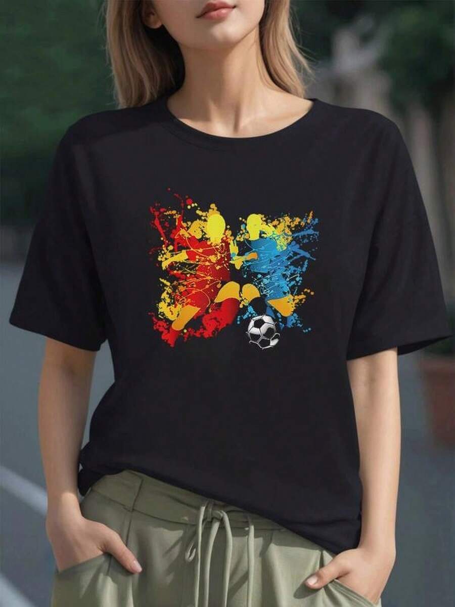 Dos figuras abstractas en colores rojo y azul formadas por salpicaduras que simbolizan energía pasión y unión en el fútbol camiseta para mujer 100% algodón cómoda y moderna - Negro - Ver 1