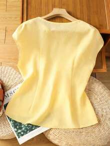 Blusa casual y versátil de cuello redondo elegante, con detalle de lazo en el bajo asimétrico, blusa de mujer de manga corta color albaricoque - Amarillo claro - Ver 2