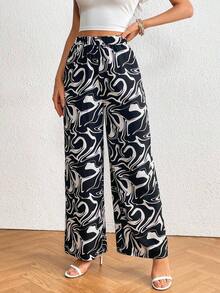 Pantalones de pierna ancha con estampado de mármol - Blanco y Negro - Ver 5