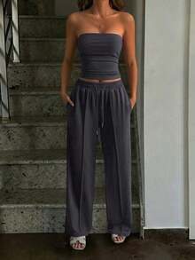 Conjunto de 2 piezas de ropa de otoño Vaiaye: Top corto ajustado y sexy sin tirantes, camiseta básica de unicolor elástica y ajustada, top tipo bandeau para yoga; Conjunto de pantalones para primavera/verano - Gris medio - Ver 6