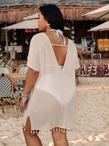 Swim  Salida de playa tipo kimono con flecos para talla grande - Albaricoque - Ver 2