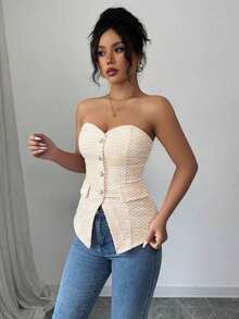 Top corto ajustado de verano para mujer con textura rosa, con detalle de botón de perla - Caqui 2 - Ver 1