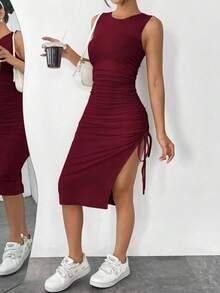 Vestido Sin Mangas De Punto De Albaricoque Ajustado Para Mujer - Burdeos - Ver 3