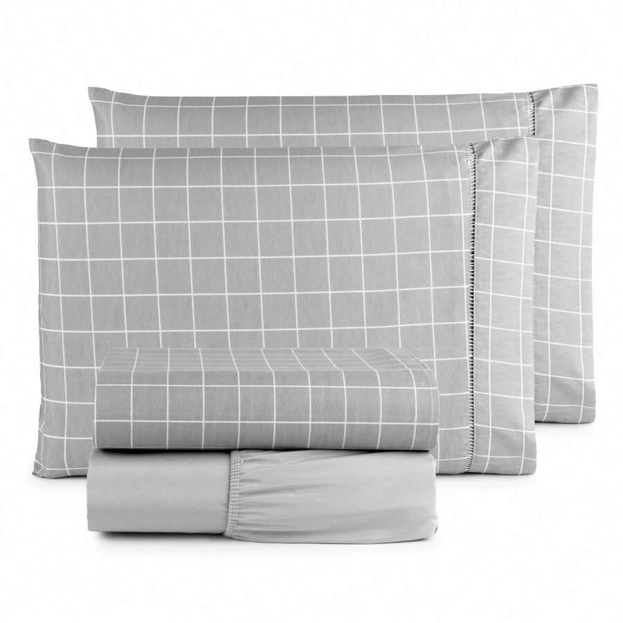 Queen Size 4-Piece Comfort Sheet Set, 100% Cotton - Gray Grid - View 1
