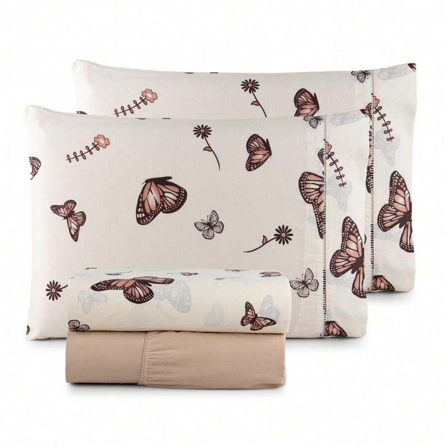 Queen Size 4-Piece Comfort Sheet Set, 100% Cotton - Brown Butterfly - View 1