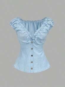 Camisa de mujer de manga corta con botones de madera, volantes y rayas verticales texturizadas en estilo retro francés, adecuada para primavera/verano, casual y citas - Azul - Ver 8