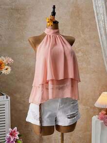 Blusa con cuello halter amarilla, blusa elegante con cuello halter, bajo con volantes en forma de A y cuello con lazo, camisa casual de oficina de color amarillo claro, blusa con cuello halter y espalda descubierta para playa y vacaciones - Rosa - Ver 4