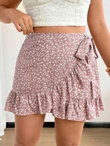 Minifalda ajustada con volantes en el bajo, estampado floral pequeño, estilo romántico de vacaciones en tallas grandes - Albaricoque - Ver 3