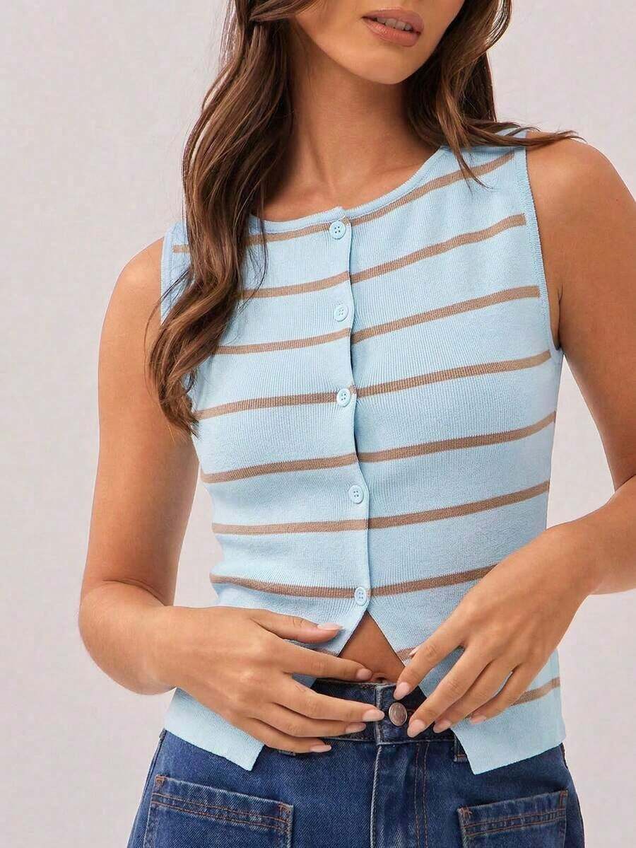 Top sin mangas ajustado con cuello de barco, botones frontales y bajo con abertura, a rayas, estilo campestre y vaquero, para atuendo de Nashville - Azul - Ver 1