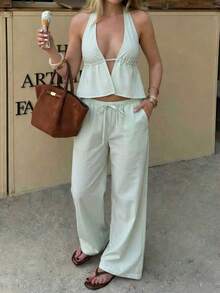 2 piezas Conjunto de top corto bandeau con volantes y pantalones de pierna ancha a rayas de Vaiaye, conjunto de camisola de lino a rayas de cuello en V profundo y pantalones casuales sueltos con cordón, conjunto sexy, lindo y elegante romántico de verano, algodón rastreable - verde claro - Ver 12