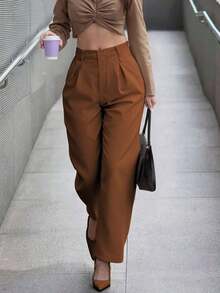 Pantalones rectos de cintura alta de unicolor para mujer, con pliegues, suaves y cómodos, versátiles y elegantes para uso casual urbano, adecuados para uso diario casual, citas, fiestas, San Valentín, carnaval y oficina - Marrón Mocha - Ver 10