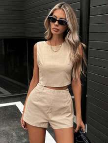 Conjunto de 2 piezas de blusa sin mangas con detalle de lazo y pantalón corto de 100% algodón para mujer, conjunto casual de verano, conjunto de lino - Caqui - Ver 10