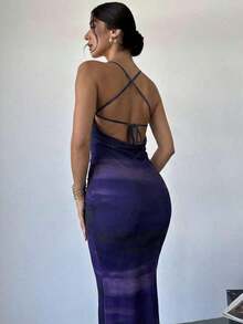 Vestido ajustado de tela transparente con tirantes de atar en el hombro descubierto y espalda descubierta, de colores degradados, elegante para uso diario u ocasiones de vacaciones, estilo veraniego - Azul marino - Ver 6