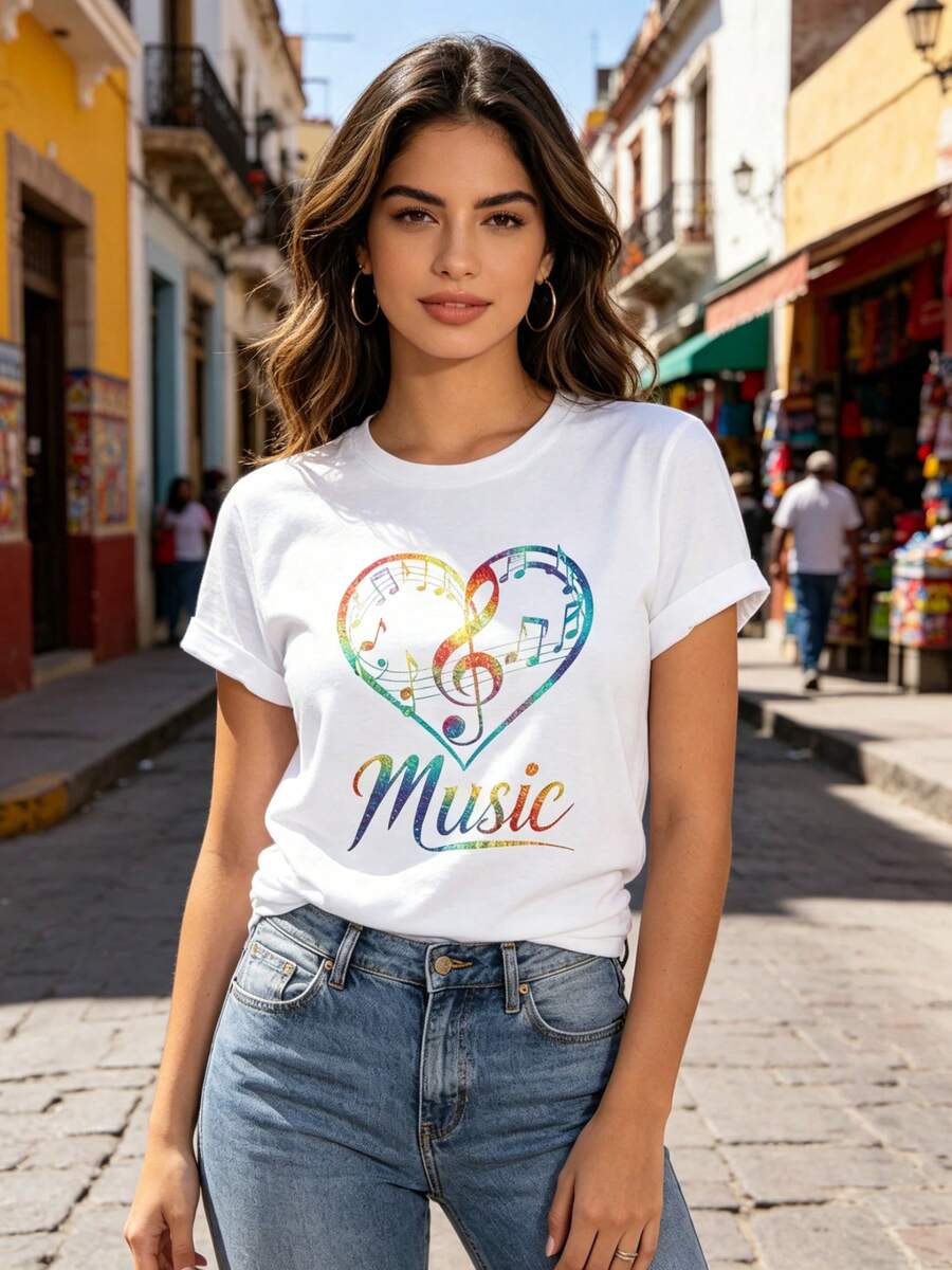 ¡Oferta por tiempo limitado, unidades limitadas, relámpago! Camisas casuales para mujer, camisetas de poliéster para mujer, camisas elegantes.,Camiseta deportiva de manga corta para mujer con diseño de símbolo musical. - Blanco - Ver 1