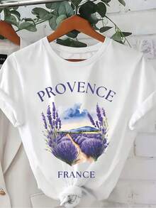 Women's Casual T-Shirt With Lavender Lilac Print - French Provence Design, "PROVENCE" Graphic, Soft And Quick-Drying Fabric, Lightweight Stretch Crew Neck For Spring/Summer, Scenic Illustration, Comfortable And Stylish, Short Sleeve, Relaxed Fit - 白色 - 查看 7