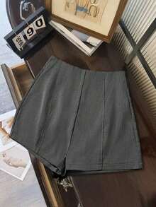 Shorts de mujer de cintura alta de color gris oscuro minimalista y de moda, con cierre de cremallera en la espalda, adecuados para el uso diario, citas y ocasiones románticas - Gris - Ver 1