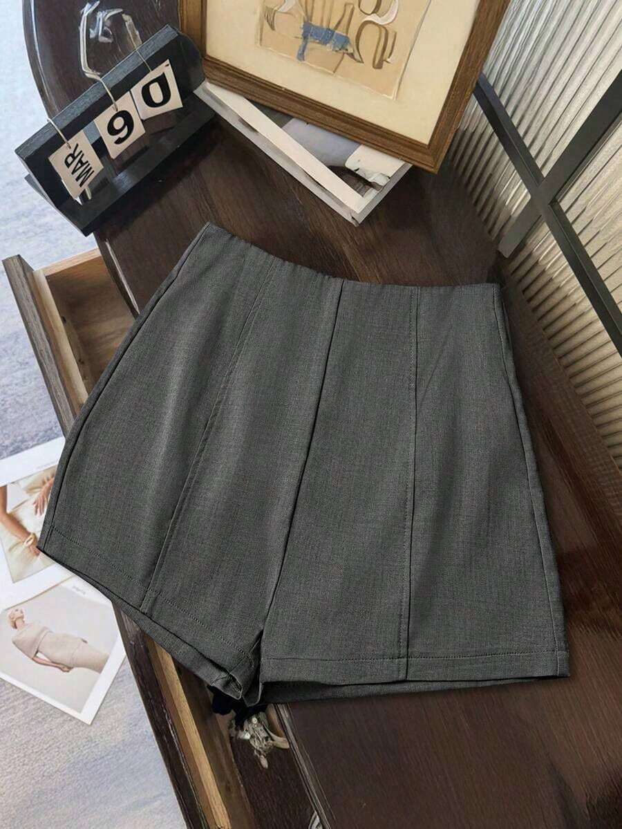 Shorts de mujer de cintura alta de color gris oscuro minimalista y de moda, con cierre de cremallera en la espalda, adecuados para el uso diario, citas y ocasiones románticas - Gris - Ver 1