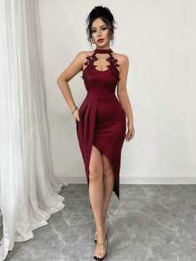 Vestido maxi ajustado con cuello en V, sin mangas, con decoración de encaje y abertura alta, elegante para mujer.Adecuado para vacaciones, citas, reuniones diarias y uso en fiestas, primavera/verano - Burdeos - Ver 3