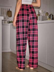 Pantalones de pijama holgados con lazo y estampado de cuadros para mujer, otoño e invierno - Rosa coral - Ver 2