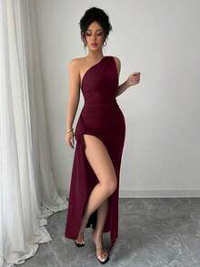 Nuevo vestido negro asimétrico sexy con hombro plisado, recorte hueco y abertura alta, adecuado para vacaciones, citas y fiestas en verano - Burdeos - Ver 5