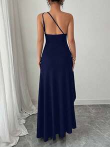 Nuevo vestido negro asimétrico sexy con hombro plisado, recorte hueco y abertura alta, adecuado para vacaciones, citas y fiestas en verano - Azul marino - Ver 2