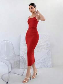 Vestido con tirantes con moño sin espalda, de material elástico, para verano - Rojo - Ver 5