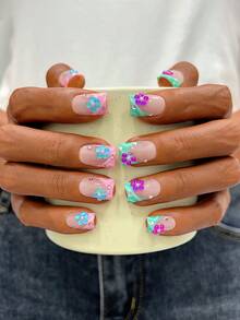 10pcs Y2K Nails Square Press On Nails Set - Handcrafted, Pink Nails, Green Nails, Pink And Green French Tip Nails, Handmade 3D Purple Rhinestone Flowers And 3D Blue Rhinestone Flowers Design, Hand Drawn Green Gradient And Pink Gradient Design, Sparkling Purple Rhinestone And Blue Rhinestone Decoration - Multicolor - View 2