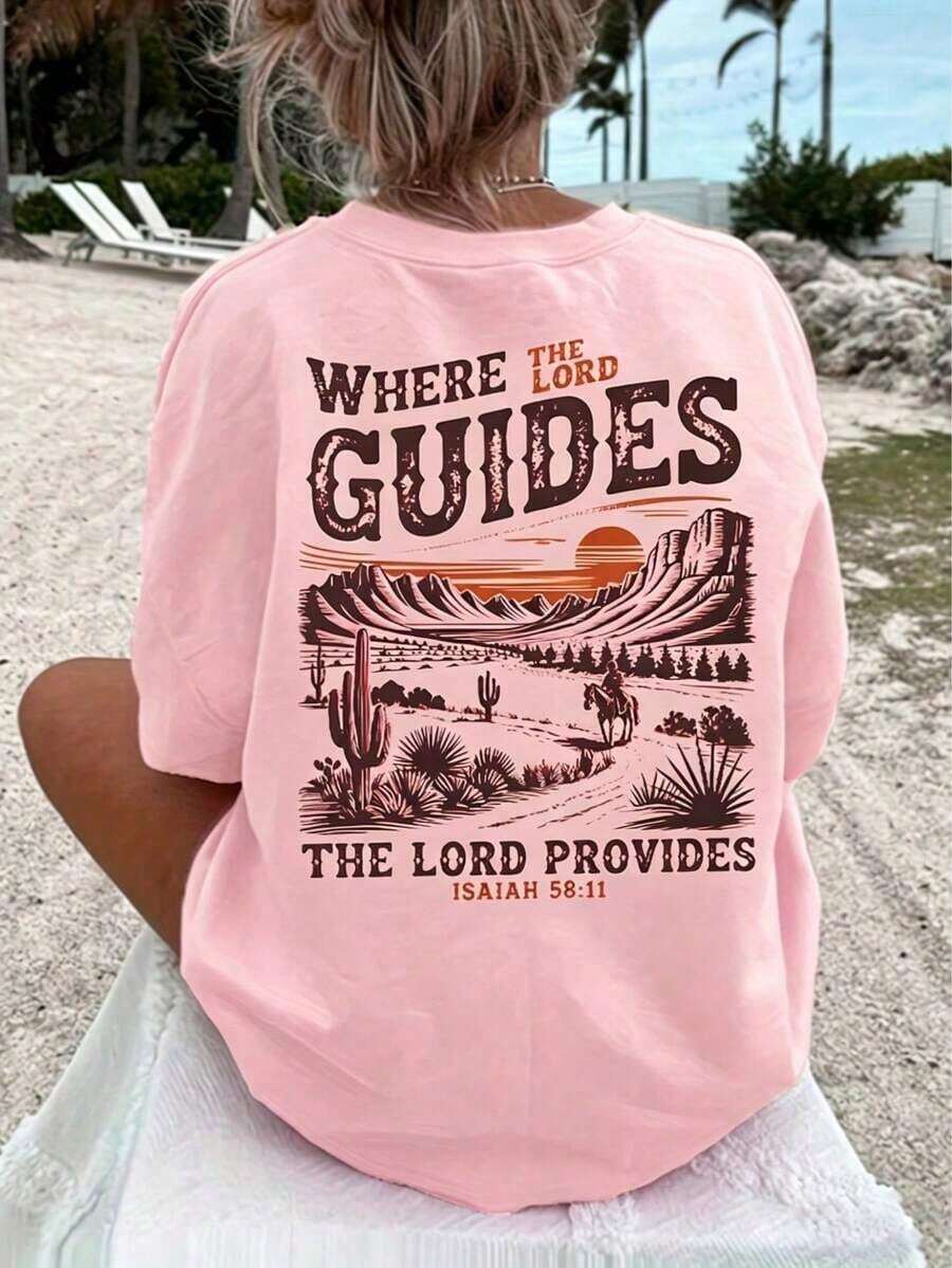 Women's Crew Neck T-Shirt, Comfortable, Colorful With Western Christian Print, Casual Short Sleeve Vacation Blouse, Women's Clothing - Women's Vacation Sets - 粉色 - 查看 1