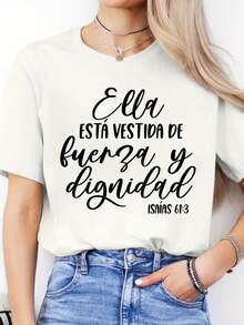 Camiseta deportiva casual de manga corta y cuello redondo para mujer con estampado de letras en español para primavera y verano - [Blanco] - Ver 6
