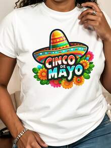 Cinco De Mayo PNG, Mexican Women's Blouses With Hat - Short Sleeve Crew Neck Style - Suitable For T-Shirts In Summer And Spring - Festival Gifts - Interesting Writing And Prints - 白色 - 查看 6