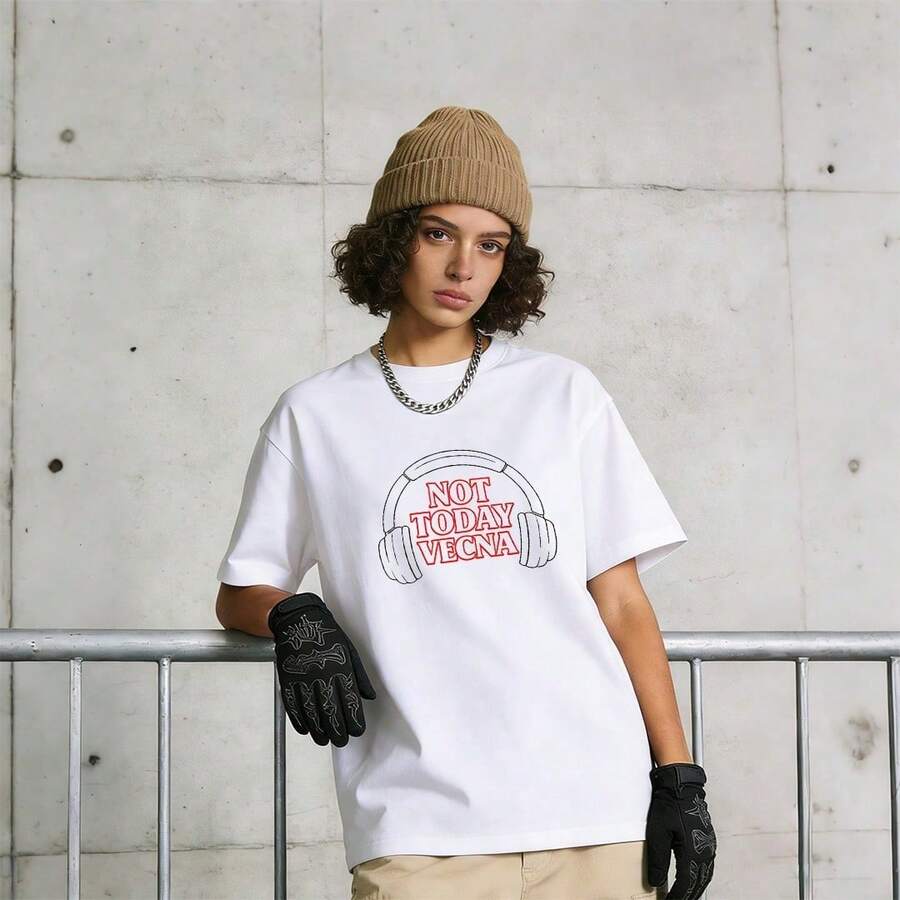 Women's Summer Clothing, Casual Soft Cotton T-Shirt With Round Neck, "Not Today Vecna" Letter Print. Black. - 白色 - 查看 1