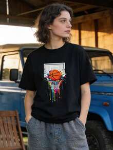 Women's Summer Clothing, Casual Soft Cotton T-Shirt With Round Neck, Colorful Ink Splatter Basketball Art Print. White. - 黑色 - 查看 1