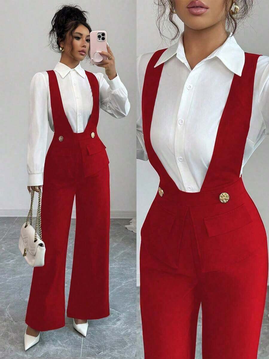 Elenzya Mono elegante para maestras con diseño de cuello en V profundo y cintura de tela gruesa negra, adecuado para el Día de la Independencia, el Cyber Monday, Halloween, el Día del Soltero, la fiesta de regreso a clases, la fiesta del Día del Soltero, vacaciones, Nochebuena, Navidad, Víspera de Halloween, Acción de Gracias, Carnaval de Navidad, Diwali, viajes, lugar de trabajo, mono de otoño - Rojo - Ver 1