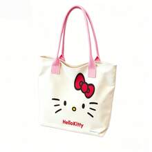 Miniso Sanrio Hello Kitty Minimalist Face Canvas Tote Bag, Off-White Shoulder Bag For Daily Use - Black - View 4